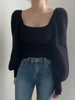 imCharms Retro Temperament Square Collar Bubble Sleeve Solid Color Knitted Top Women's Fall/Winter Slimming Waist Sweater