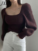 imCharms Retro Temperament Square Collar Bubble Sleeve Solid Color Knitted Top Women's Fall/Winter Slimming Waist Sweater