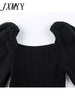 imCharms Retro Temperament Square Collar Bubble Sleeve Solid Color Knitted Top Women's Fall/Winter Slimming Waist Sweater