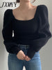 imCharms Retro Temperament Square Collar Bubble Sleeve Solid Color Knitted Top Women's Fall/Winter Slimming Waist Sweater