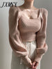 imCharms Retro Temperament Square Collar Bubble Sleeve Solid Color Knitted Top Women's Fall/Winter Slimming Waist Sweater