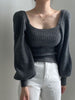 imCharms Retro Temperament Square Collar Bubble Sleeve Solid Color Knitted Top Women's Fall/Winter Slimming Waist Sweater