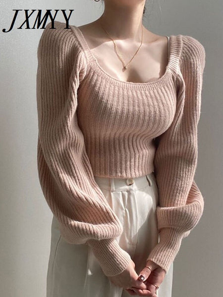 imCharms Retro Temperament Square Collar Bubble Sleeve Solid Color Knitted Top Women's Fall/Winter Slimming Waist Sweater