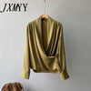 imCharms Satin V-Neck Shirt Women's 2023 Spring French Temperament Elegant Drape Long-Sleeved Top