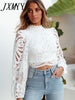 imCharms Sexy Long Sleeve Lace Blouse Women Tops Casual White Crochet Hollow Out Cropped Women's Shirt Turtleneck Female Blusas