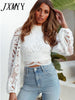 imCharms Sexy Long Sleeve Lace Blouse Women Tops Casual White Crochet Hollow Out Cropped Women's Shirt Turtleneck Female Blusas