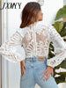 imCharms Sexy Long Sleeve Lace Blouse Women Tops Casual White Crochet Hollow Out Cropped Women's Shirt Turtleneck Female Blusas