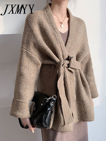 imCharms Simple Temperament Knitted Cardigan Women's Autumn And Winter Mid-Length Loose Outer Wear Lace-Up Sweater Coat