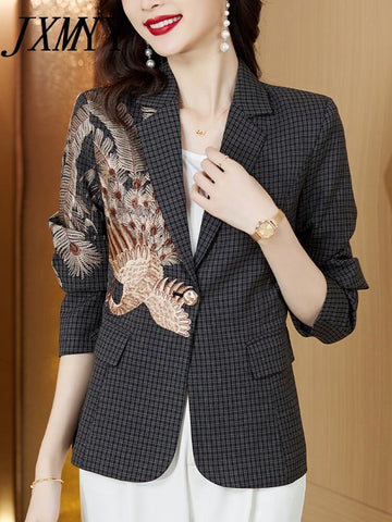 imCharms Small Suit Jacket Women's Autumn 2023 Design Elegant Temperament Retro Plaid Embroidery Slim Casual Suit Top