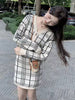imCharms Spring And Autumn Chic Retro Contrast Color V-Neck Plaid Knitted Cardigan + Hip Skirt Short Skirt Suit Women