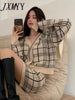 imCharms Spring And Autumn Chic Retro Contrast Color V-Neck Plaid Knitted Cardigan + Hip Skirt Short Skirt Suit Women
