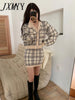 imCharms Spring And Autumn Chic Retro Contrast Color V-Neck Plaid Knitted Cardigan + Hip Skirt Short Skirt Suit Women
