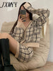 imCharms Spring And Autumn Chic Retro Contrast Color V-Neck Plaid Knitted Cardigan + Hip Skirt Short Skirt Suit Women