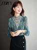 imCharms Spring And Autumn Elegant Temperament Stand-Up Collar Lace Shirt Design Embroidered Color Shirt Women's Long-Sleeved Top
