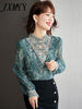 imCharms Spring And Autumn Elegant Temperament Stand-Up Collar Lace Shirt Design Embroidered Color Shirt Women's Long-Sleeved Top
