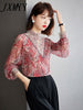 imCharms Spring And Autumn Elegant Temperament Stand-Up Collar Lace Shirt Design Embroidered Color Shirt Women's Long-Sleeved Top