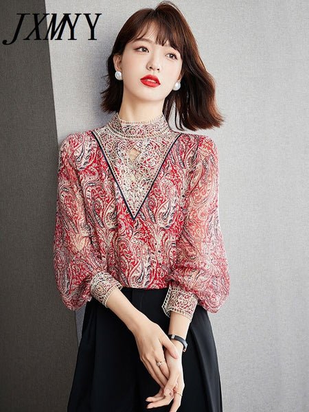 imCharms Spring And Autumn Elegant Temperament Stand-Up Collar Lace Shirt Design Embroidered Color Shirt Women's Long-Sleeved Top