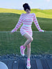 imCharms Spring And Autumn Gentle Style Pink Striped Off-Shoulder Neckline Knitted Two-Piece Women's Bag Hip Skirt Suit