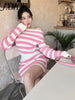 imCharms Spring And Autumn Gentle Style Pink Striped Off-Shoulder Neckline Knitted Two-Piece Women's Bag Hip Skirt Suit
