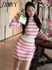 imCharms Spring And Autumn Gentle Style Pink Striped Off-Shoulder Neckline Knitted Two-Piece Women's Bag Hip Skirt Suit