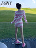 imCharms Spring And Autumn Gentle Style Pink Striped Off-Shoulder Neckline Knitted Two-Piece Women's Bag Hip Skirt Suit