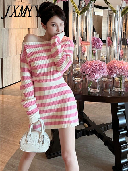 imCharms Spring And Autumn Gentle Style Pink Striped Off-Shoulder Neckline Knitted Two-Piece Women's Bag Hip Skirt Suit