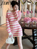 imCharms Spring And Autumn Gentle Style Pink Striped Off-Shoulder Neckline Knitted Two-Piece Women's Bag Hip Skirt Suit