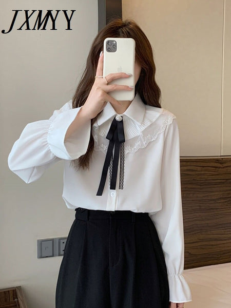 imCharms Spring And Autumn Long-Sleeved Tops College Style Ruffles Sweet Chic And Elegant Temperament Thin Shirt Women
