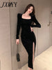 imCharms Spring And Autumn Elegant Temperament Ladies Dress Sexy Square Collar High Slit Sparkling Dress Long Skirt