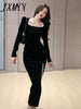 imCharms Spring And Autumn Elegant Temperament Ladies Dress Sexy Square Collar High Slit Sparkling Dress Long Skirt