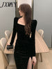 imCharms Spring And Autumn Elegant Temperament Ladies Dress Sexy Square Collar High Slit Sparkling Dress Long Skirt