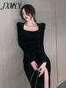 imCharms Spring And Autumn Elegant Temperament Ladies Dress Sexy Square Collar High Slit Sparkling Dress Long Skirt