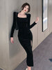 imCharms Spring And Autumn Elegant Temperament Ladies Dress Sexy Square Collar High Slit Sparkling Dress Long Skirt