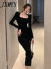 imCharms Spring And Autumn Elegant Temperament Ladies Dress Sexy Square Collar High Slit Sparkling Dress Long Skirt