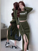 imCharms Spring And Autumn Women's Thin Printed Long-Sleeved Short Top High-Waisted split Skirt Casual Two-Piece Tide