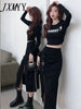 imCharms Spring And Autumn Women's Thin Printed Long-Sleeved Short Top High-Waisted split Skirt Casual Two-Piece Tide