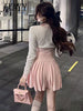 imCharms Spring And Autumn Sexy Waistless Color Matching Short Temperament V-Neck Sweater Pleated Skirt Ladies Suit Skirt