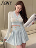 imCharms Spring And Autumn Sexy Waistless Color Matching Short Temperament V-Neck Sweater Pleated Skirt Ladies Suit Skirt