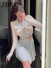 imCharms Spring And Autumn Sexy Waistless Color Matching Short Temperament V-Neck Sweater Pleated Skirt Ladies Suit Skirt