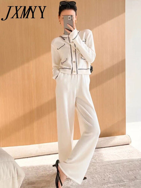 imCharms Spring And Autumn Knitted Tops Wide-Leg Pants Two-Piece Suits Ladies' Elegant Temperament Women's Suits