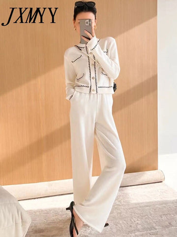 imCharms Spring And Autumn Knitted Tops Wide-Leg Pants Two-Piece Suits Ladies' Elegant Temperament Women's Suits