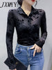 imCharms Spring And Autumn Temperament Mesh Printing Long-Sleeved Shirt Women's All-Match Sexy Breathable Shirt Top