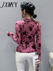 imCharms Spring And Autumn Temperament Mesh Printing Long-Sleeved Shirt Women's All-Match Sexy Breathable Shirt Top
