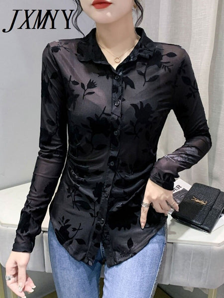 imCharms Spring And Autumn Temperament Mesh Printing Long-Sleeved Shirt Women's All-Match Sexy Breathable Shirt Top