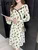 imCharms Spring And Autumn Rose Pleated Cchiffon Skirt Lace Dress Elegant Temperament Square Collar Long Skirt Women's Clothing