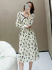 imCharms Spring And Autumn Rose Pleated Cchiffon Skirt Lace Dress Elegant Temperament Square Collar Long Skirt Women's Clothing