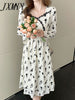 imCharms Spring And Autumn Rose Pleated Cchiffon Skirt Lace Dress Elegant Temperament Square Collar Long Skirt Women's Clothing