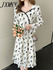 imCharms Spring And Autumn Rose Pleated Cchiffon Skirt Lace Dress Elegant Temperament Square Collar Long Skirt Women's Clothing
