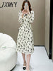 imCharms Spring And Autumn Rose Pleated Cchiffon Skirt Lace Dress Elegant Temperament Square Collar Long Skirt Women's Clothing