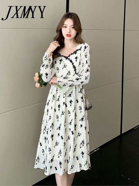 imCharms Spring And Autumn Rose Pleated Cchiffon Skirt Lace Dress Elegant Temperament Square Collar Long Skirt Women's Clothing